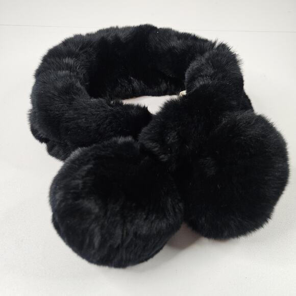 Vtg Genuine 100% Rabbit Fur Pom Pom Black Chunky Neck Warmer Scarf 4x26 Retro